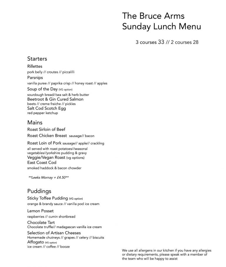Sunday Lunch Menu The Bruce Arms