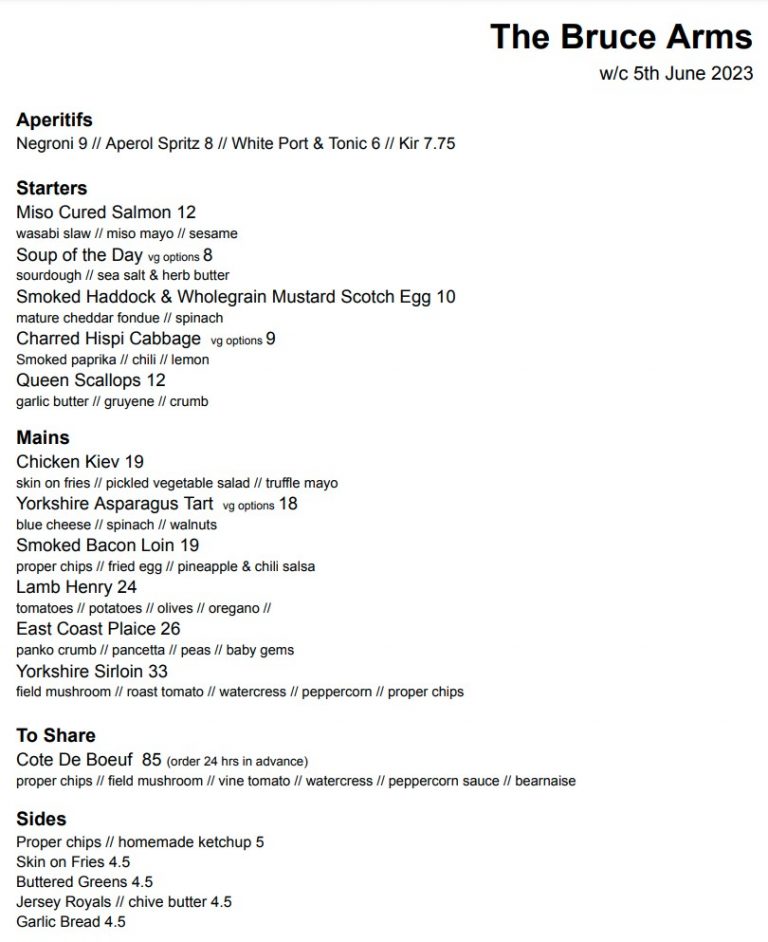 Evening Menu The Bruce Arms